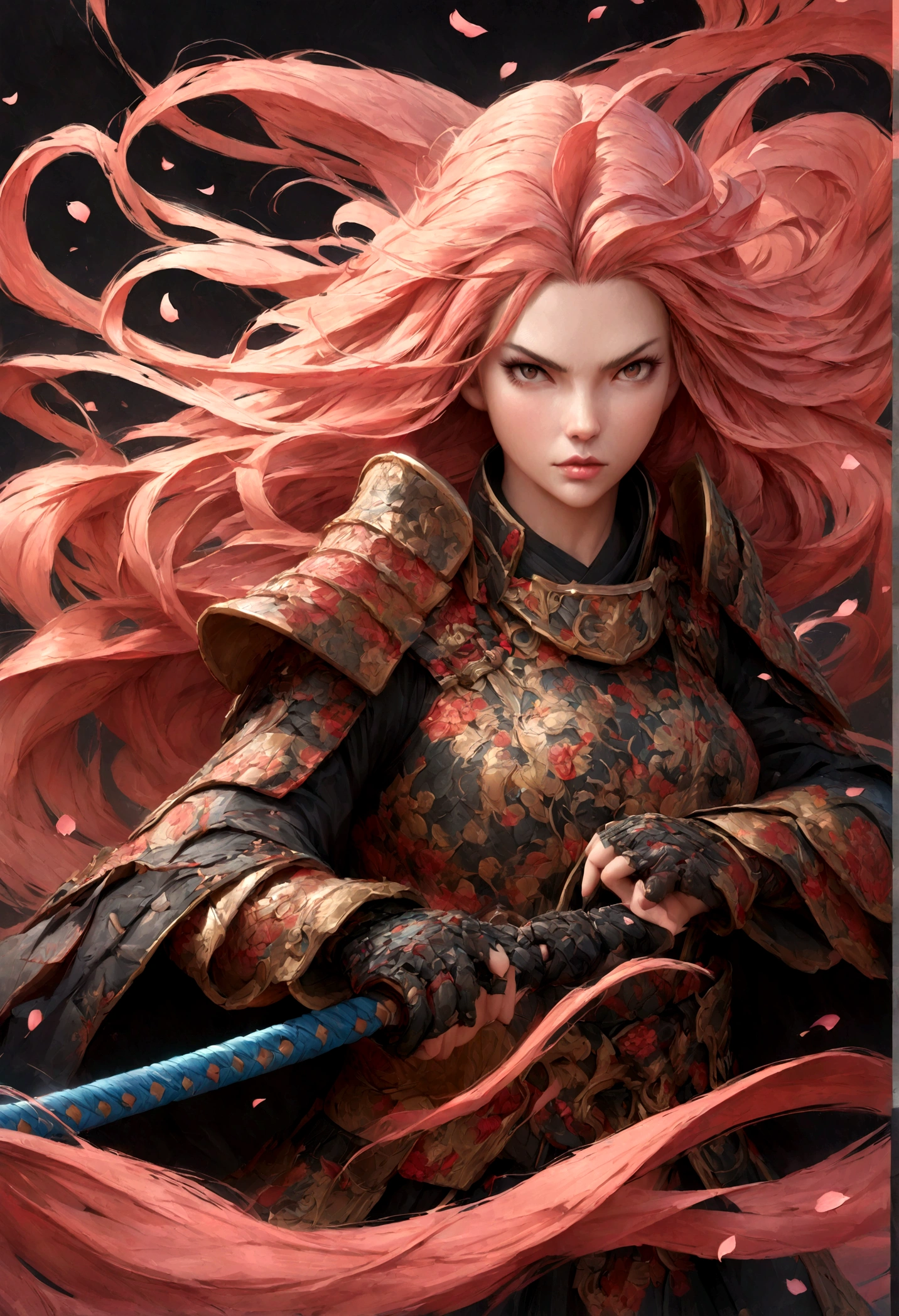 Portrait of a beautiful female swordswoman, long flowing hair blowing in the wind, determined expression, holding a katana with both hands, wearing traditional samurai armor with intricate designs, standing in a dynamic pose ready for battle, cherry blossom petals swirling around her, vibrant colors, highly detailed, digital art, artstation, octane render