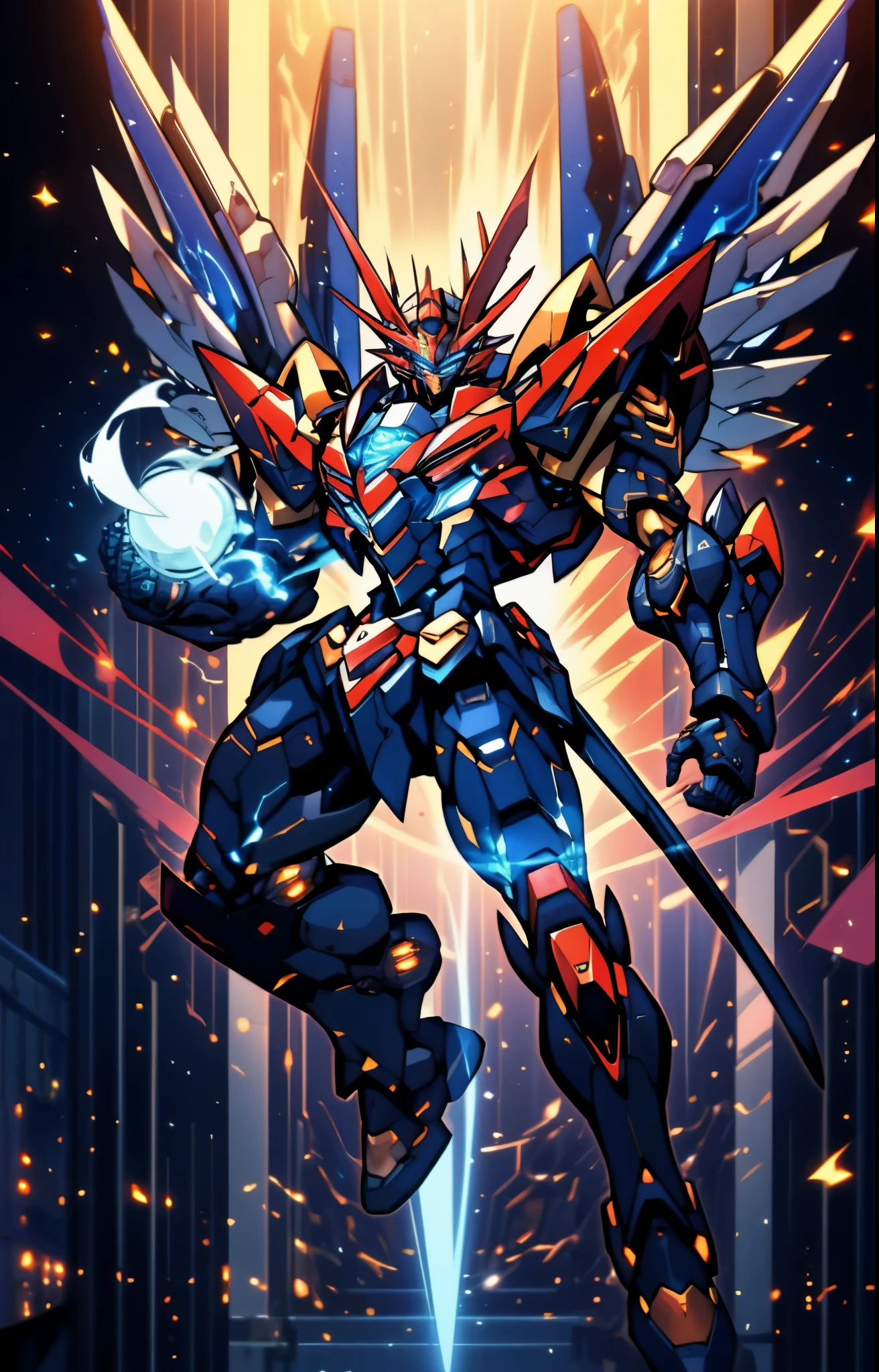 Humanoid Mecha, fully enclosed shoulder guards, matching arm and leg guards, full body, full armor, super robot, the design balances heavy with agility, (the color scheme is primarily white with red and blue accents, the concept Inspired by super robot, Lion concept chest armor, pose, standing, floating high above the futuristic sci-fi city), exquisite and mature art style, (aura effect, energy, glowing eyes, the armor glows), ((SRS)), metallic, dramatic, high definition, best quality, highres, ultra-detailed, ultra-fine painting, extremely delicate, professional, perfect body proportions, anatomically correct, symmetrical face, extremely detailed eyes and face, high quality eyes, creativity, RAW photo, UHD, 32k, Natural light, cinematic lighting, masterpiece-anatomy-perfect, masterpiece:1.5