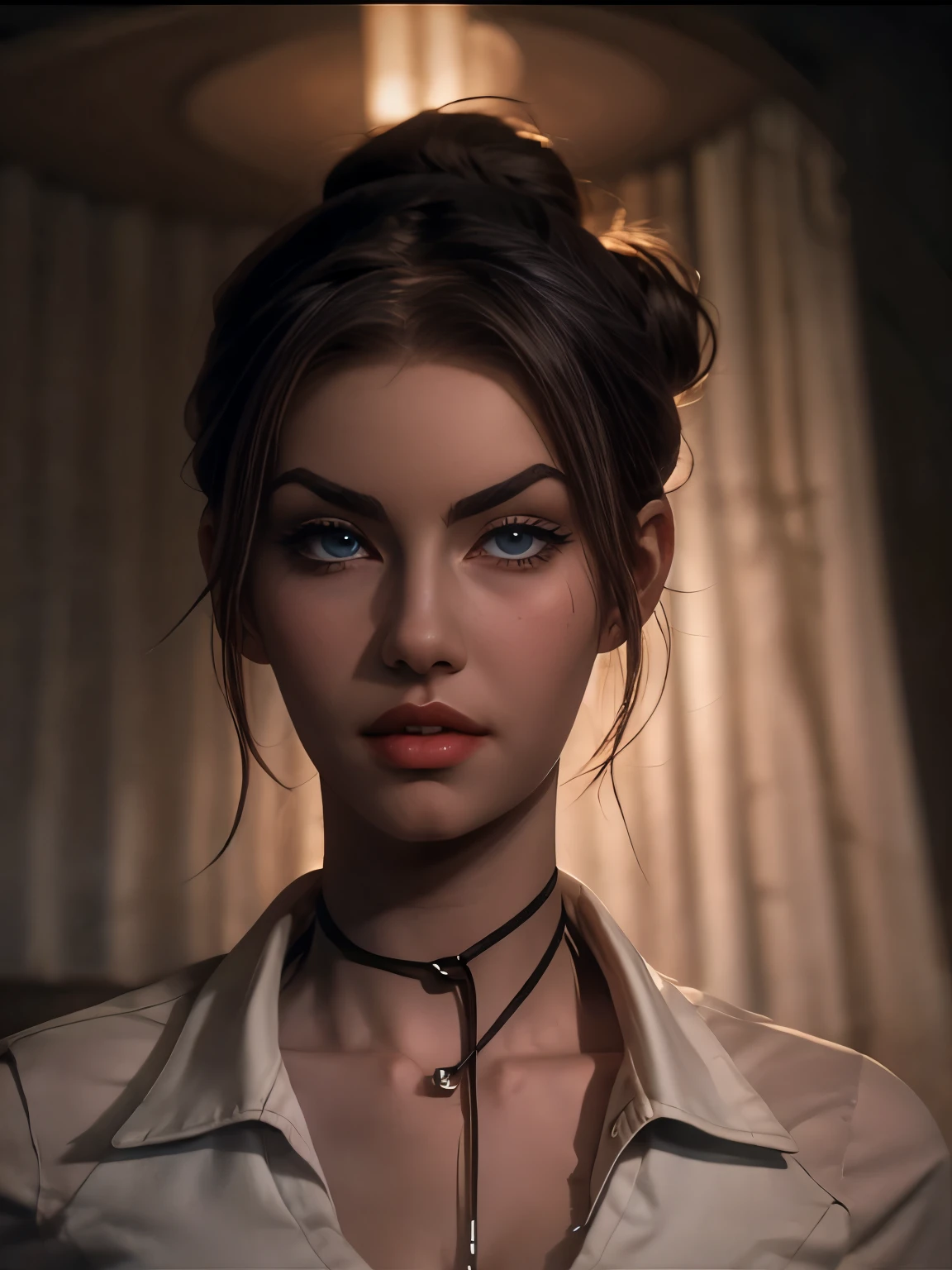 ((( portrait))) of beautiful brunette (female) in her 30s ,mature look, (small mouth) but (thick kissable lips), shy gaze, ((((tiny snob nose)))) ,( prefect shaped eyes),((blue eyes)) ,long eyelashes, eyeliner ,((( thick eyebrows))) , charming, cute ,  ((( sleek slicked back hair bun ))), ( black hair), fair skin, modern look, stylish , classy,  wearing Unbuttoned classic shirt, clivage ,  Castlevania style