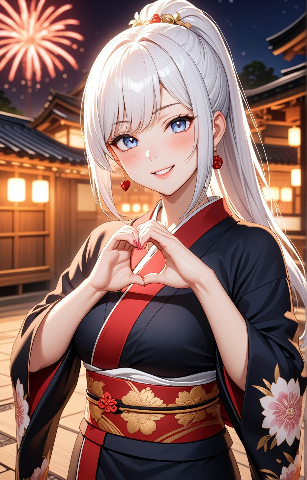 ((one personの女性)), Beautiful Face,Laugh shyly,((Wink:2.0)),,turn bright red,Glossy pink lips,night,Japanese-style room of the shrine,firework,((Anime style background)),masterpiece, highest quality, so beautiful, Latest, Complex details, (Pink long nails),AI-generated, Complex,High resolution, highest quality, super high quality,3D Images、View your viewers、3D Images,one person,Long white hair,High Ponytail,blue eyes,Anime woman posing for a photo, [[Fine grain、Colorful eyes、Shining Eyes:1.15]],(Squint your eyes:1.1),a hyperRealistic , hyperRealistic , Realistic,Anime woman with long and white hair, Smooth anime CG art, A woman in a colorful kimono with gold embroidery, (Black kimono),Red floral pattern,Long flower hair ornament,Big earrings,(Big Breasts:1.3),Mature Body,expensive,Big Ass,Fine details,Tight waist,Abdominal muscles,(Face close-up:1.5),(Tilt your face:2.0),Shooting from an angle,(A woman making a heart hand sign with their hands in front of their chest:2.0)