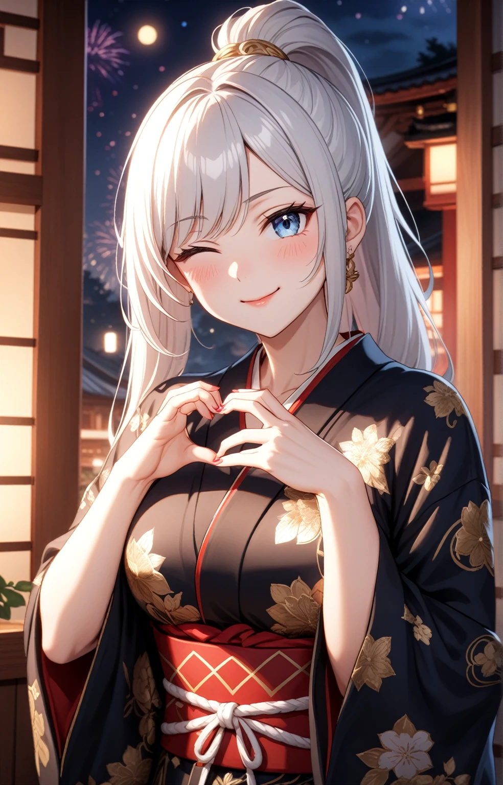 ((one personの女性)), Beautiful Face,Laugh shyly,((Wink:2.0)),,turn bright red,Glossy pink lips,night,Japanese-style room of the shrine,firework,((Anime style background)),masterpiece, highest quality, so beautiful, Latest, Complex details, (Pink long nails),AI-generated, Complex,High resolution, highest quality, super high quality,3D Images、View your viewers、3D Images,one person,Long white hair,High Ponytail,blue eyes,Anime woman posing for a photo, [[Fine grain、Colorful eyes、Shining Eyes:1.15]],(Squint your eyes:1.1),a hyperRealistic , hyperRealistic , Realistic,Anime woman with long and white hair, Smooth anime CG art, A woman in a colorful kimono with gold embroidery, (Black kimono),Red floral pattern,Long flower hair ornament,Big earrings,(Big Breasts:1.3),Mature Body,expensive,Big Ass,Fine details,Tight waist,Abdominal muscles,(Face close-up:1.5),(Tilt your face:2.0),Shooting from an angle,(A woman making a heart hand sign with their hands in front of their chest:2.0)