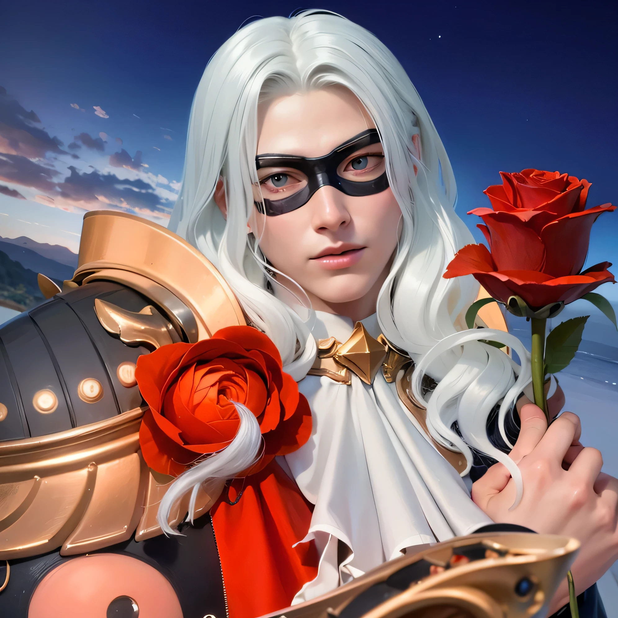 masculine male, masterpiece, ((perfect eyes)) best quality, (semirealism:1.9), beautiful lighting, (extremely detailed CG unity 4k fhd wallpaper), High Detail, Sharp focus, dramatic outdoors, 1 boy ,19 years old, white hair, light purpel eyes, smile.The image features a 3D animated character with long white hair, wearing a red and gold armor, holding a red rose.