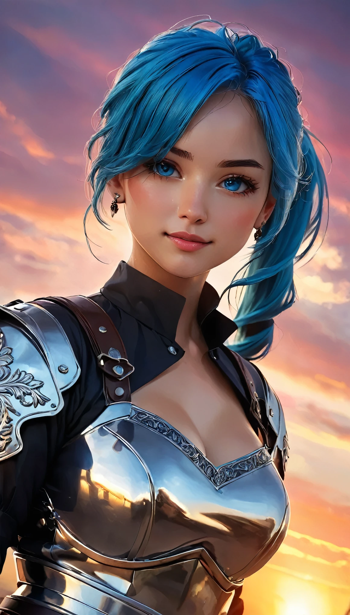 (highest quality:1.2, Very detailed, Latest, Vibrant, Ultra-high resolution, High Contrast, masterpiece:1.2, highest quality, Best aesthetics), (((1 girl))), Girl with a big sword, Executioner, Blue Hair, Long Hair, ponytail, blue eyes, choker, Earrings, (((Expression of fine eyes:1.2, Beautiful Skin, Detailed facial expressions))), Flowing hair, (Crazy Smile, Sparkling eyes), Delicately drawn equipment, Coldly Shining Weapon, Shiny Armor, ((Random Pause, Dutch Angle)), Beautiful sunset background, Bright colors, Dramatic lighting, Brave pose, Sharp focus, Gazing Eyes, Beautiful Skin, Shiny skin, Holding the Great Sword:1.2, Cowboy Shot, Perfect Fingers, Five Fingers, Anatomically correct, Background Blur.