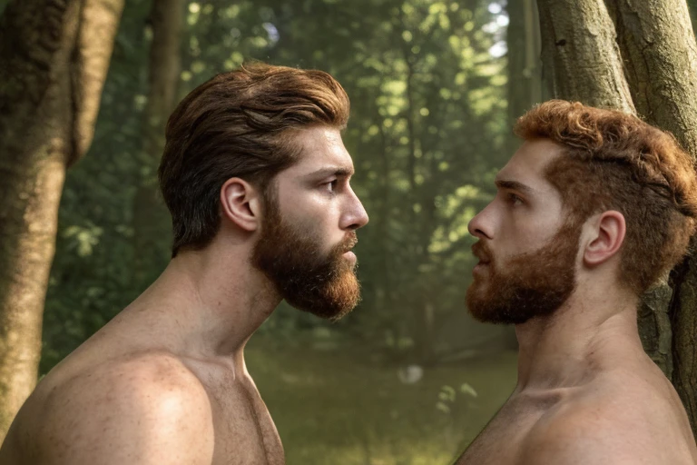 (illustration), (high resolution), (8K), (extremely detailed), (best illustration), (beautiful detailed eyes), (best quality), (ultra-detailed), (masterpiece), ( wallpaper), (detailed face), Two men in the middle of the forest in a camp, staring at each other, one is a young bearded ginger, the other is a latino athletic young both shirtless