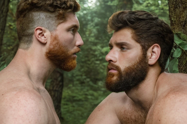 (illustration), (high resolution), (8K), (extremely detailed), (best illustration), (beautiful detailed eyes), (best quality), (ultra-detailed), (masterpiece), ( wallpaper), (detailed face), Two men in the middle of the forest in a camp, staring at each other, one is a young bearded ginger, the other is a latino athletic young both shirtless