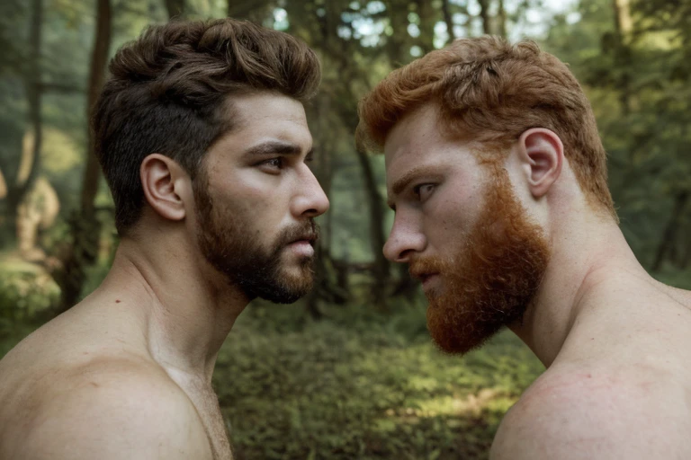 (illustration), (high resolution), (8K), (extremely detailed), (best illustration), (beautiful detailed eyes), (best quality), (ultra-detailed), (masterpiece), ( wallpaper), (detailed face), Two men in the middle of the forest in a camp, staring at each other, one is a young bearded ginger, the other is a latino athletic young both shirtless
