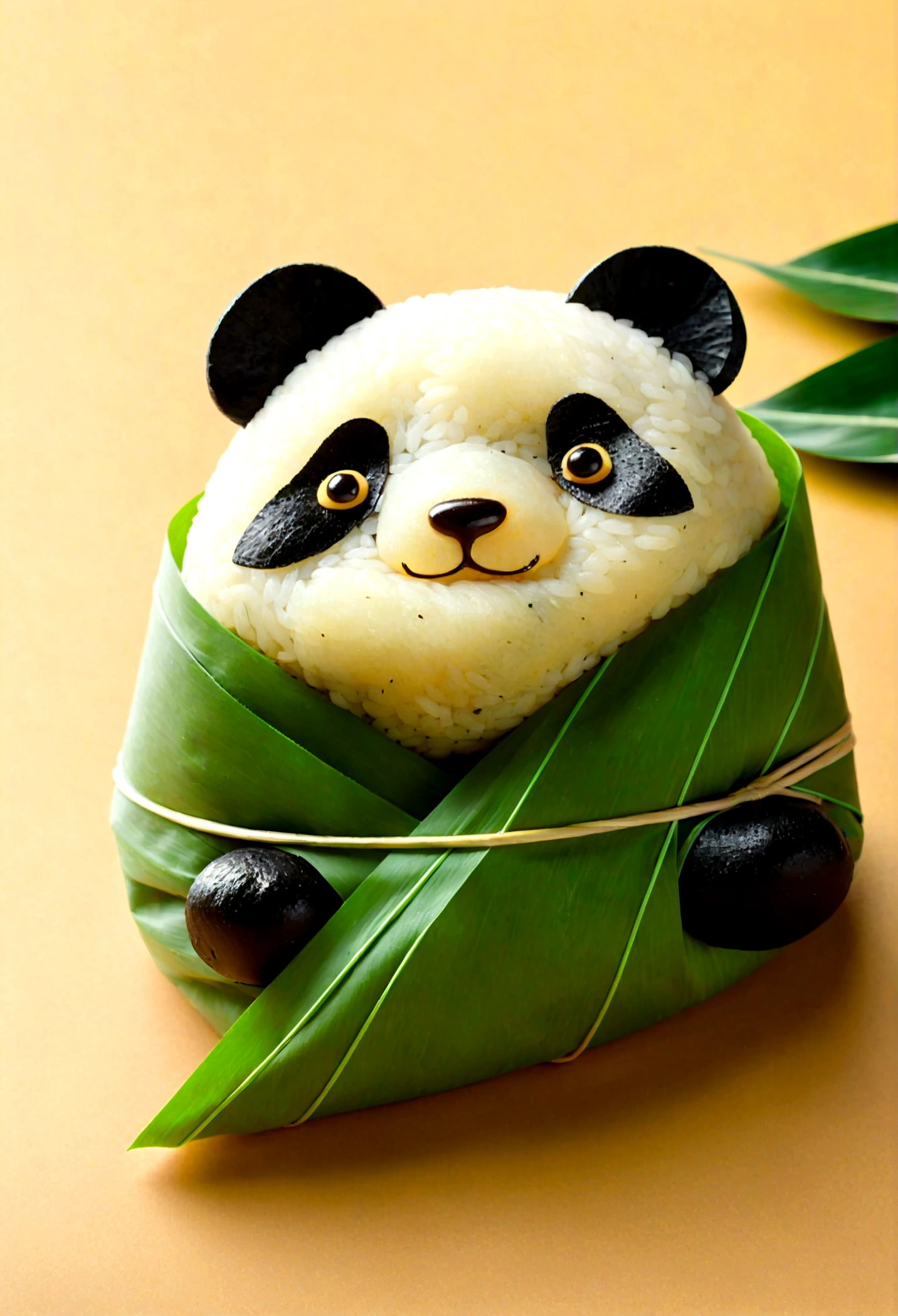 A panda-shaped rice dumpling, zoingzi, Glutinous rice texture, Light yellow, (((the lower half of the body is wrapped in tapered leaves))), made of glutinous rice, has a cute expression, the head sticking out of the leaves, equidistant, cartoon-style, Macro Lens, studio light, bold color scheme