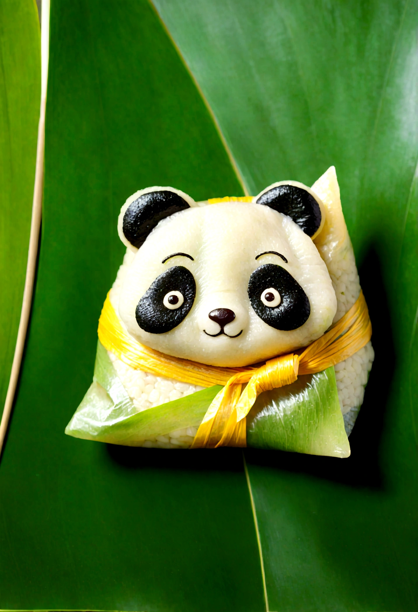 A panda-shaped rice dumpling, zoingzi, Glutinous rice texture, Light yellow, (((the lower half of the body is wrapped in tapered leaves))), made of glutinous rice, has a cute expression, the head sticking out of the leaves, equidistant, cartoon-style, Macro Lens, studio light, bold color scheme