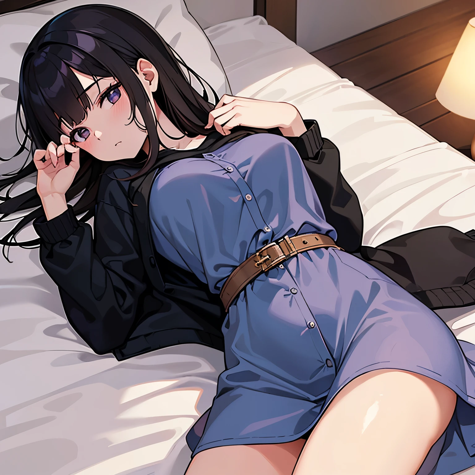 A young woman with dark hair who has dropped out of elementary school, has been a recluse for many years, is unemployed, and is bedridden with depression, and lies in bed all day