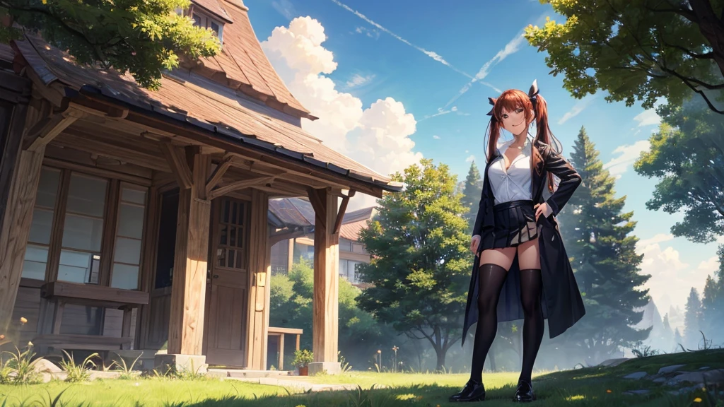 1girl, ((full body)), solo, summer, village, trees, sun, clouds, ((chestnutl hair)), long hair, twintail, large breasts, ((black blazer)), button down shirt, ((white shirt)), ((short sleeved shirt)), ((unbuttoned shirt)), unbuttoning buttons, cleavage 1:3, brown eyes, skirt, grin, looking at the viewer, standing, touching neck, hair ribbon, golden necklate, hands on hip