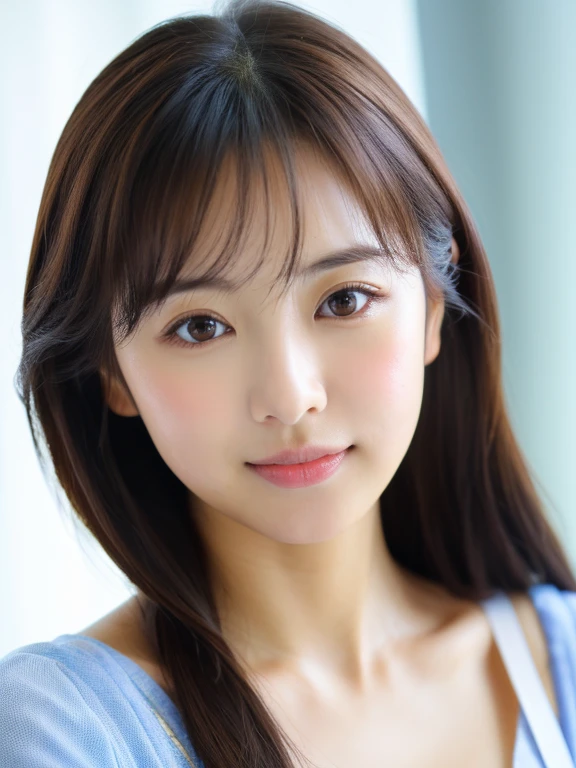 ((cute日本の少女、Cleavage、Beautiful Japanese Girl、One Girl、Not clear、19 years old、ponytail、Highly detailed face and skin texture、Sophistication、Ultra detailed face、Ultra-detailed eyes、blusher、blush、cheek、ピンクのcheekを塗った頬、frontageを向いている顔、frontageを向いている体、Looking into the camera、frontage、cute、Smooth white skin、Transparent to the touch、))、(Dark brown hair、Bans)、Beautiful woman with perfect style:1.4、Japanese Model、Young Gravure Idol、若いcuteグラビアアイドル、リアルなYoung Gravure Idol、Sophisticationされたグラビアアイドル、((highest quality、In 8K、masterpiece:1.3、1photograph))、(4K、RAW photographgraphy、highest quality)、(Realistic、フォトRealistic:1.37)、Putting people behind the screen、Natural soft light、
