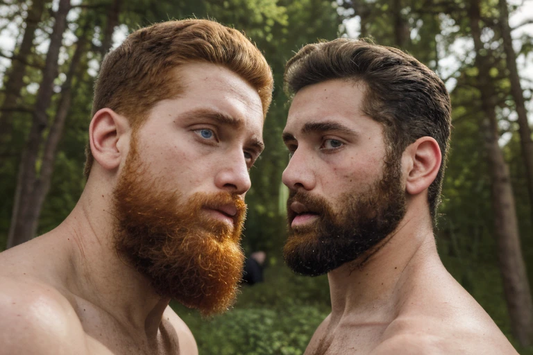 (illustration), (high resolution), (8K), (extremely detailed), (best illustration), (beautiful detailed eyes), (best quality), (ultra-detailed), (masterpiece), ( wallpaper), (detailed face), Two men in the middle of the forest in a camp, staring at each other, one is a young bearded ginger, the other is a latino athletic young both shirtless