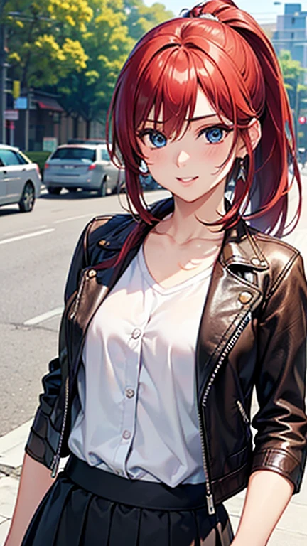 A girl is posing for a photo,pretty girl,Enchanting girl,Anime Girls,
(((One Girl,Baby Face,16 years old))),
BREAK
((Black maxi skirt, White shirt, Brown leather jacket:1.4))、silver earrings、Silver Necklace BREAK
((Red hair)), ((ponytail、Wavy Hair、Hair blowing in the wind))
(Drooping eyes,blue eyes),(Small breasts),
BREAK
(Beautiful Hair,Shiny Hair),
(Expression of fine eyes,Beautiful and delicate eyes,Sparkling eyes,Eye Reflexes),
(double eyelid,Long eyelashes),
(Beautiful Nose,Thin Nose),
(Glossy lips,Beautiful Lips,Thick lips),
(Symmetrical facial features,Perfect Face),(((Detailed skin,Oily skin,Textured skin,Beautiful Skin))),
BREAK
(Wicked Smile),
((noon、bustling street:1.4、congestion、sunlight)),((Face the viewer、Upper Body Shot)),
BREAK
(((highest quality)),((masterpiece)),((Very detailed))),((High resolution),(8k),(16k,1080p),(Anime 2D Rendering)),(Anatomically correct),
((Realistic)), (The best CG),Highly detailed art,CG illustration,
