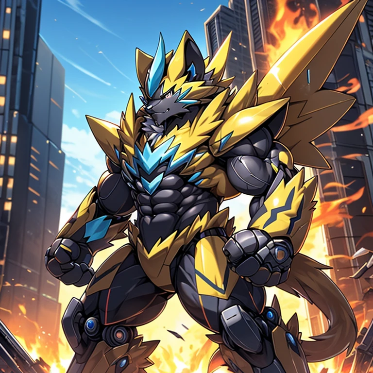 Massive mechanical zeraora rampage through a city, crushing buildings and vehicles beneath their unstoppable metal frames,
masterpiece, official art, 8k, best quality, highly detailed, terrifying and imposing design, each creature with its own unique abilities and weapons, smoke and flames rising from the destruction in the background, a lone figure, Massive mechanical zeraora rampage through a city, crushing buildings and vehicles beneath their unstoppable metal frames, masterpiece, official art, 8k, best quality, highly detailed, terrifying and imposing design, high-tech bio-mecha armor, metallic, real texture material, (ZERAORA, 8K), (gigantic muscles, Gigachad Muscular, big muscle, pecs, triceps, traps, unusually developed muscular body, body full of huge muscles. showing off muscles, pectorales enormes, Exaggeratedly huge muscles.),(Spread wings, It has wings, have big wings, golden wings), (whole body shines like metal, Wearing cyberpunk mecha, emphasizes the muscles, suit fully made of metal, intricate armor, Robotic suit, suit fully made of metal, cyborg), (giant zeraora, Zeraora's giant robot, Powered exoskeleton with the same design as Zeraora), (Masterpiece, highres) (Detailed head, Detailed Body, Detailed abs, full body)