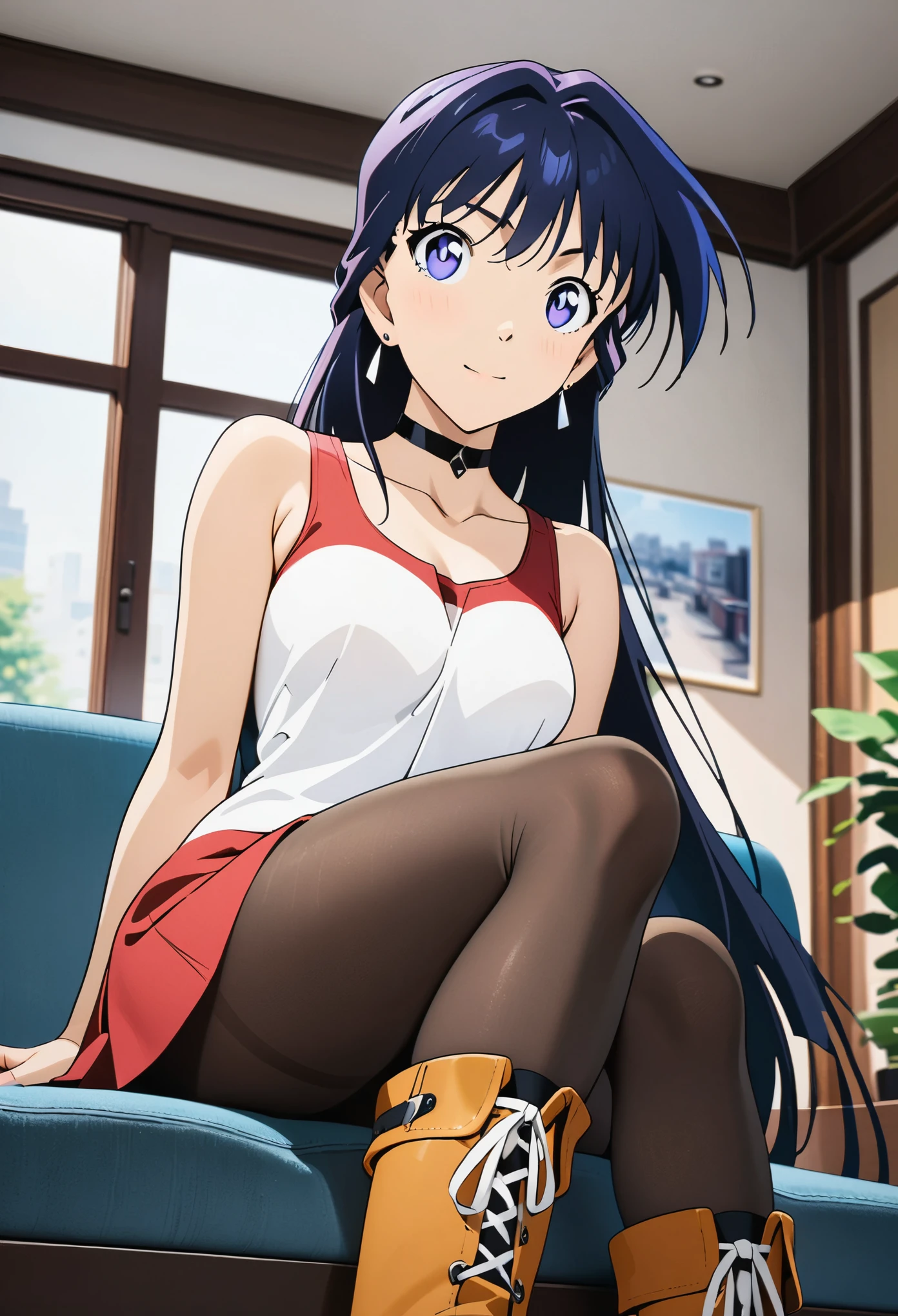 (masterpiece, best quality:1.2), ((ultra detailed)), high resolution, anime style , photo, photography, detailed background,1girl, raiden mei, (pantyhose), boots,cowboy shot, looking at viewer,light smile, earrings, dress, choker, tank top, sitting, crossed legs, from below, on couch, windows, living room,