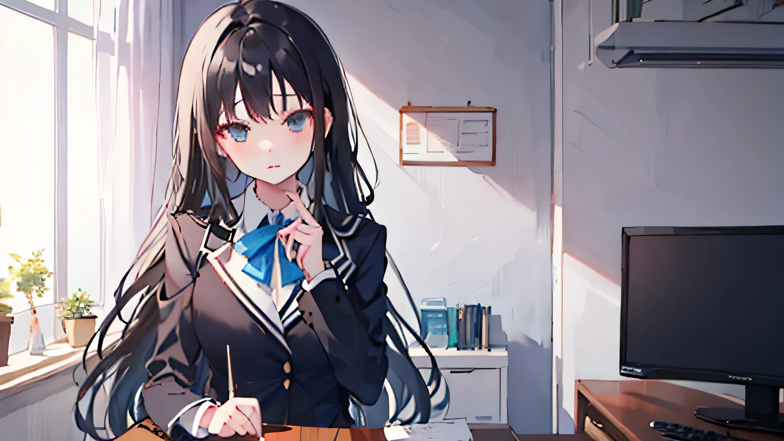 One high school girl　Black Uniform　Black blazer　Black Hair　Long Hair　