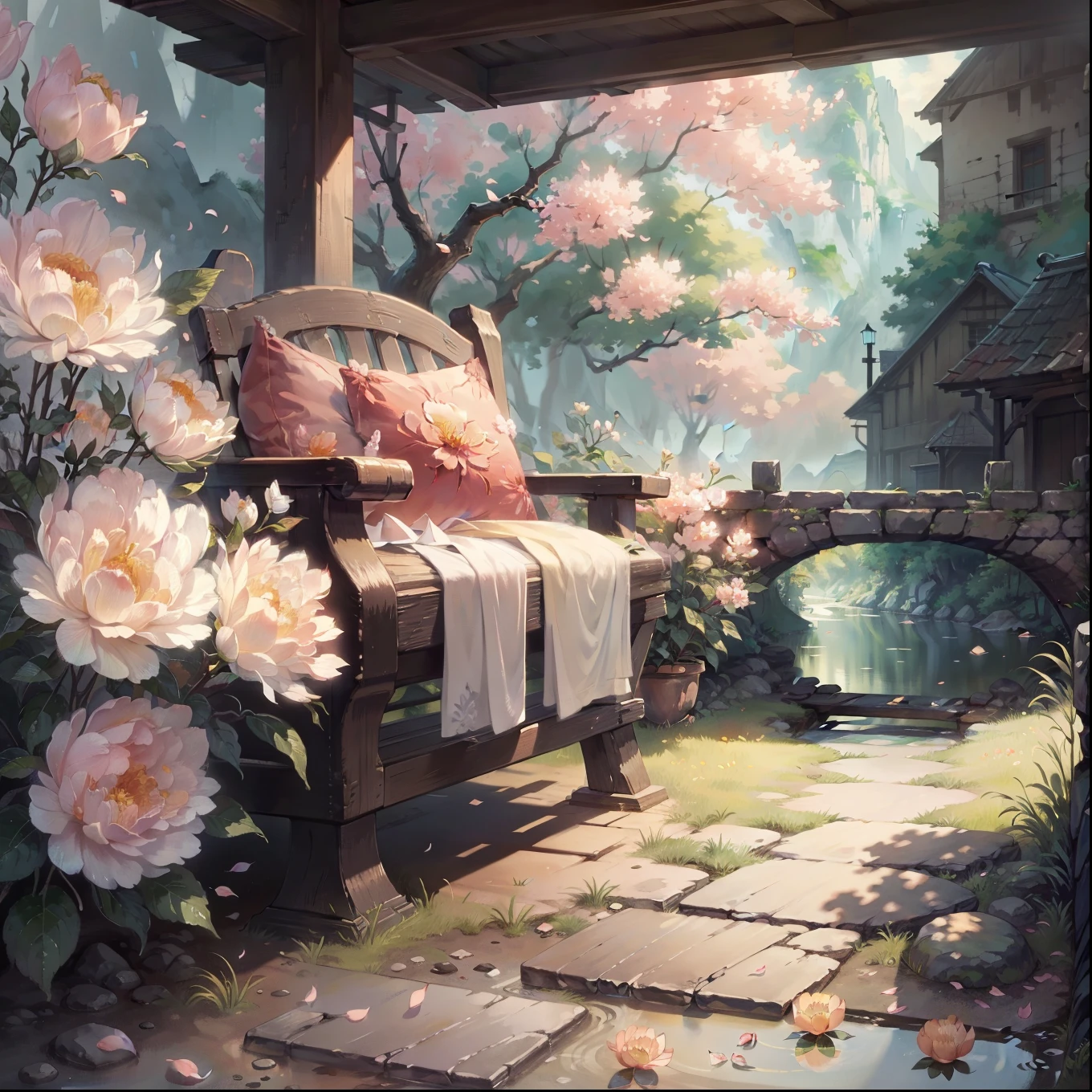 The original,(Implications:1.1),(Best quality),(masterpiece:1.1),(Extremely detailed CG Unity 8K wallpaper),(a color:1.2),peach,Peach blossom petals,landscape