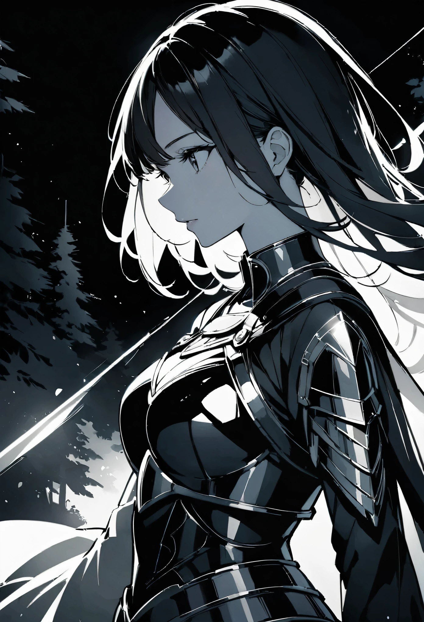 (Double Exposure:1.3) high quality, 8K Ultra HD, A beautiful Double Exposure₋Woman warriorのシルエット:1.2, Night forest as background, The details are built into the woman , ((Woman warrior, Coldly Shining Weapon, Shiny Armor)), Front view, Upper Body, Bust Shot, Sharp lines, The background is monochrome, Sharp focus, Double Exposure, Amazing full color,