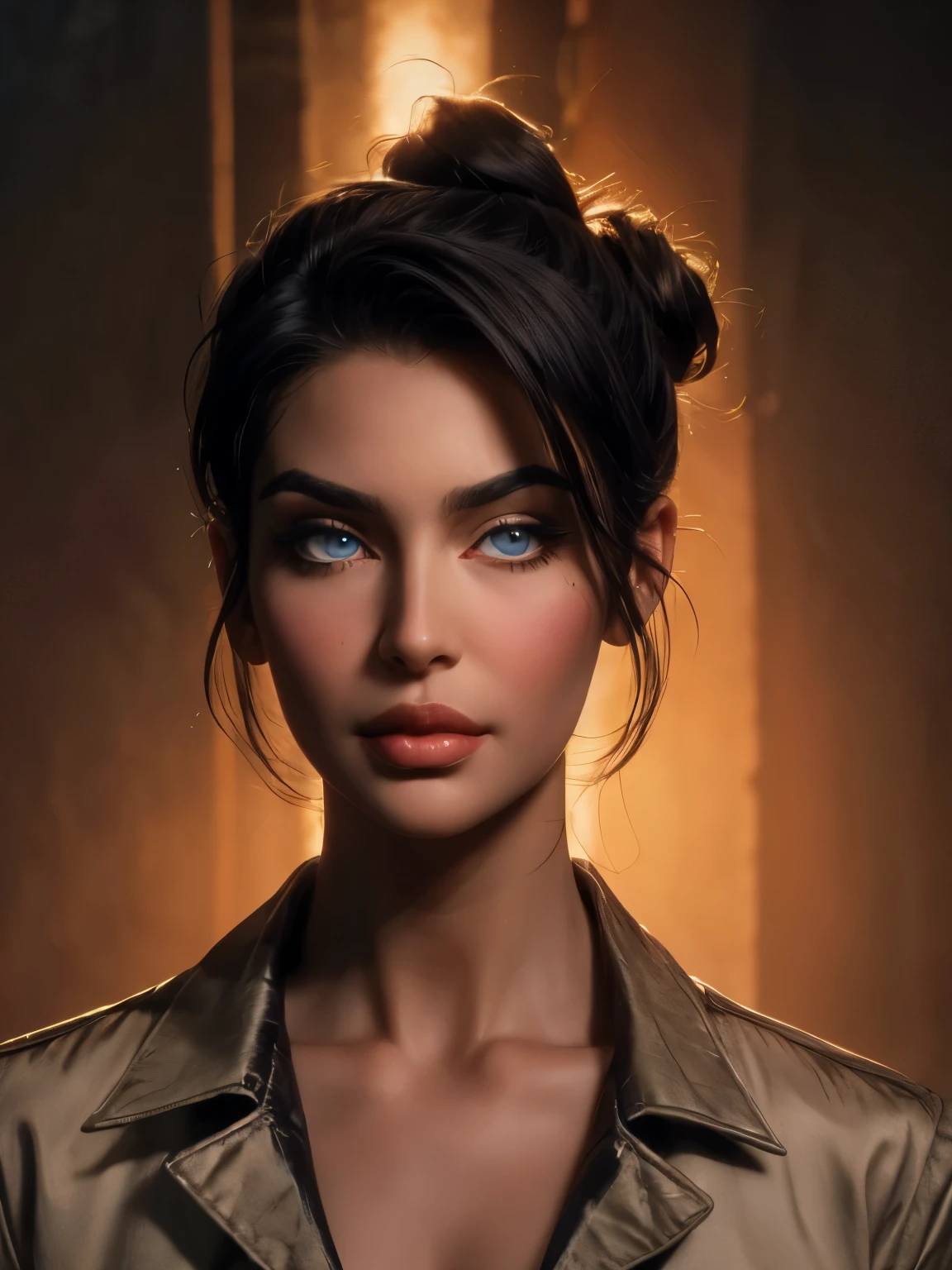 ((( portrait))) of beautiful brunette (female) in her 30s ,mature look, (small mouth) but (thick kissable lips), shy gaze, ((((tiny snob nose)))) ,( prefect shaped eyes),((blue eyes)) ,long eyelashes, eyeliner ,((( thick eyebrows))) , charming, cute ,  ((( sleek slicked back hair bun ))), ( black hair), fair skin, modern look, stylish , classy,  wearing Unbuttoned classic shirt, clivage ,  Castlevania style