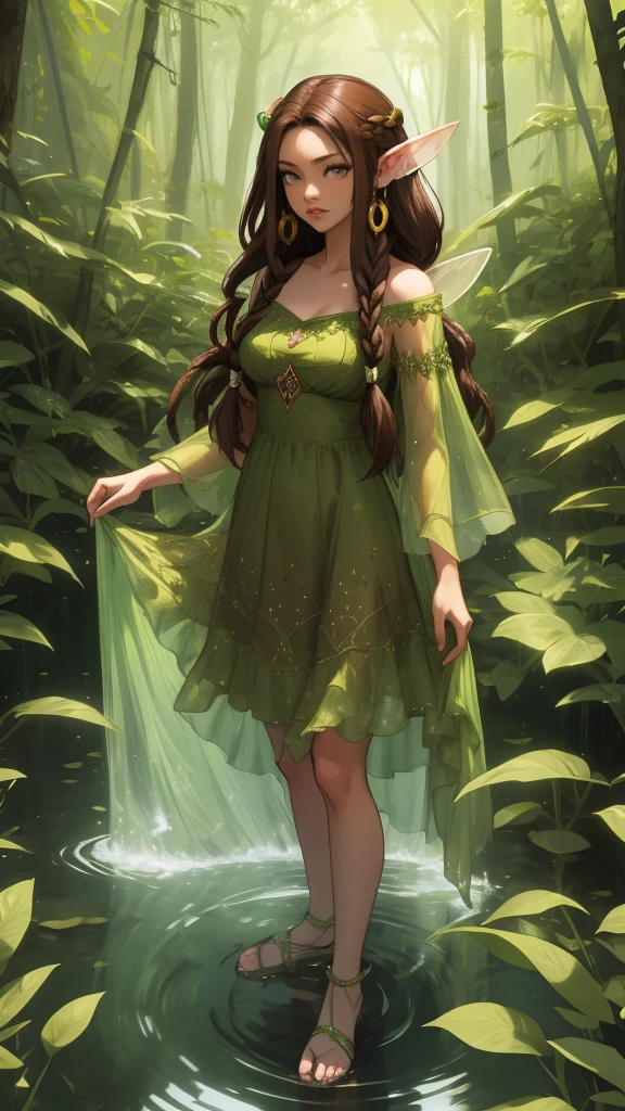 Create a mystic Fairy she look at us and wearing her long brown hair in dreadlock style, wearing green leaf dress, she standing in water and in her Background are Fire and forrest