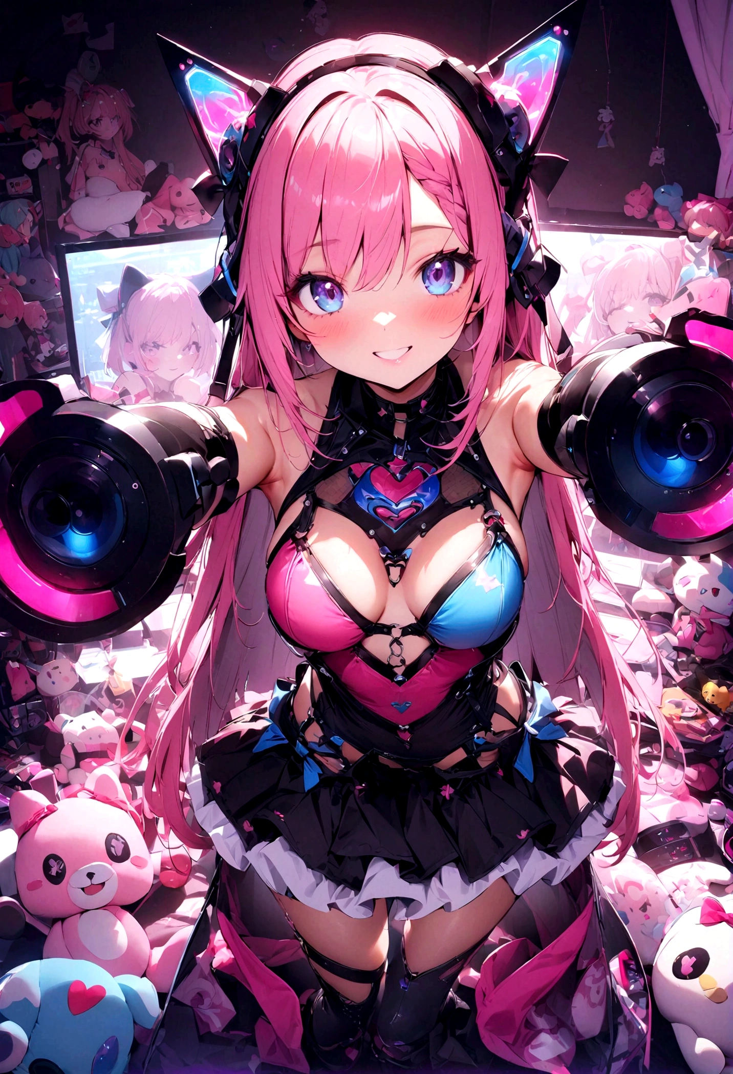 nice 18 year old, Charming Gamer Girl, E-girl with game setup and sexy plush toys, Provocative clothing with LED lights、Pink Straight Hair、And a captivating smile, Playing and looking at camera