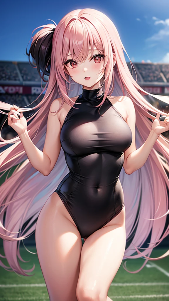 Full portrait, 25-years-old asian woman. slender with medium breast and curvasious. Long, light pink hair. She has brown eyes. wearing a two piece sexy black and grey cheerleader outfit with pom poms in her hands, jumping, high school football field background.
