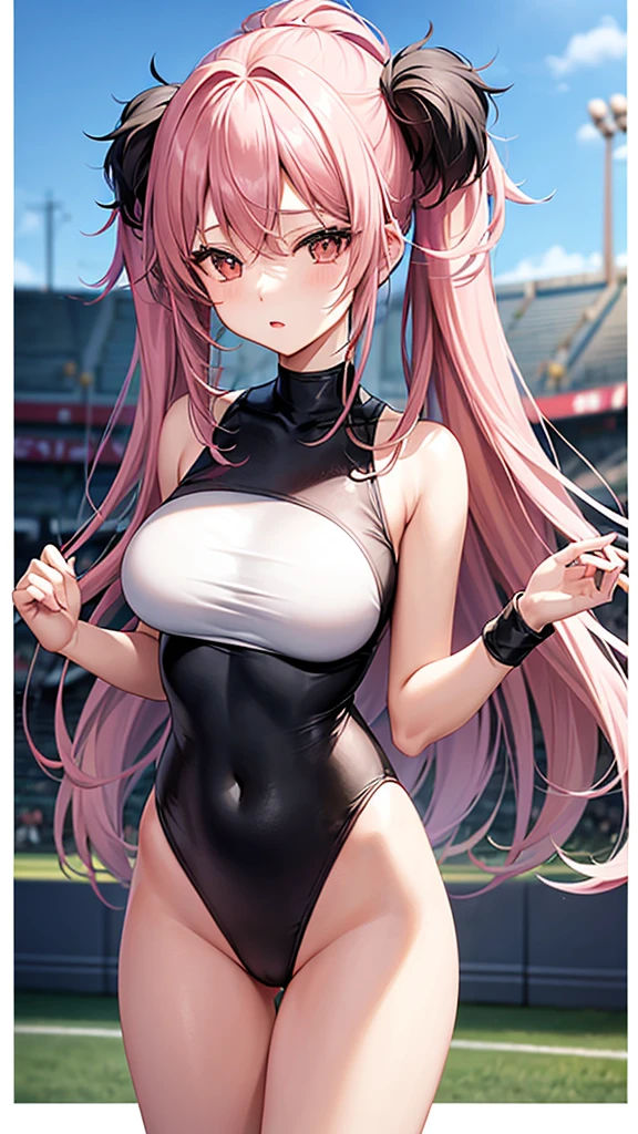 Full portrait, 25-years-old asian woman. slender with medium breast and curvasious. Long, light pink hair. She has brown eyes. wearing a two piece sexy black and grey cheerleader outfit with pom poms in her hands, jumping, high school football field background.