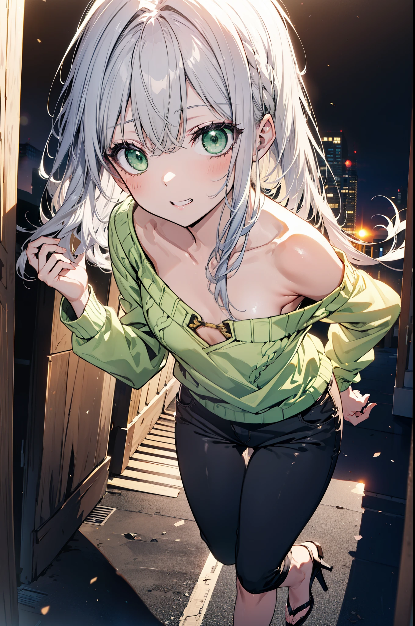 index, index, (Green Eyes:1.5), Silver Hair, Long Hair, (Flat Chest:1.2),Grin,Oversized one-shoulder yellow sweater,Skinny jeans,Stiletto heels,Sunset,evening,The sun is setting,Walking,whole bodyがイラストに入るように,Cold Sky,White Breath,
break looking at viewer, whole body,
break outdoors, Building district,
break (masterpiece:1.2), highest quality, High resolution, unity 8k wallpaper, (figure:0.8), (Beautiful fine details:1.6), Highly detailed face, Perfect lighting, Highly detailed CG, (Perfect hands, Perfect Anatomy),