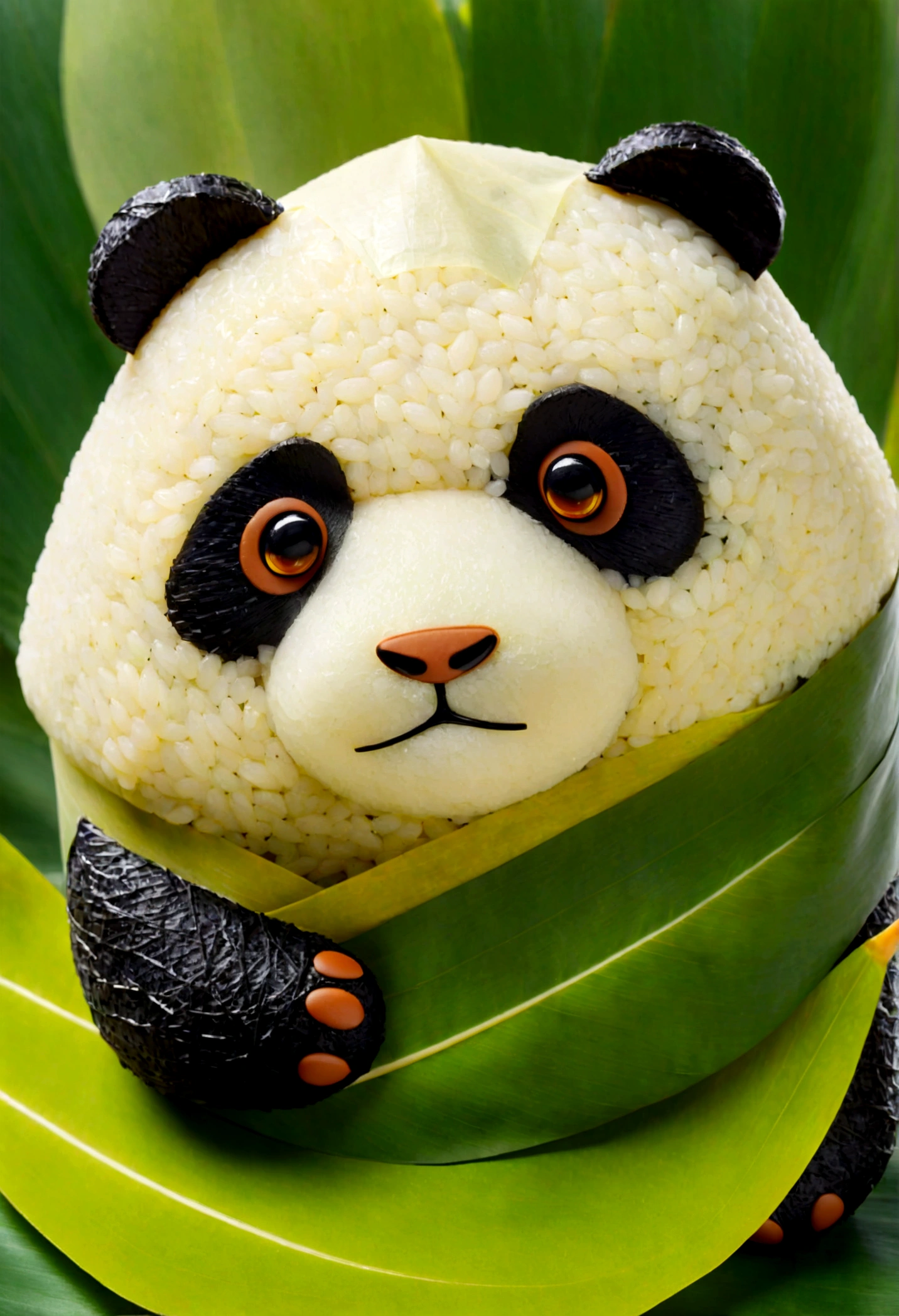 A panda-shaped rice dumpling, zoingzi, Glutinous rice texture, Light yellow, (((the lower half of the body is wrapped in tapered leaves))), made of glutinous rice, has a cute expression, the head sticking out of the leaves, equidistant, cartoon-style, Macro Lens, studio light, bold color scheme