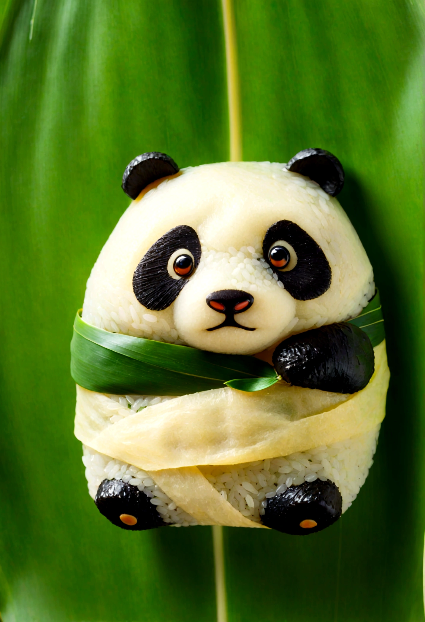 A panda-shaped rice dumpling, zoingzi, Glutinous rice texture, Light yellow, (((the lower half of the body is wrapped in tapered leaves))), made of glutinous rice, has a cute expression, the head sticking out of the leaves, equidistant, cartoon-style, Macro Lens, studio light, bold color scheme