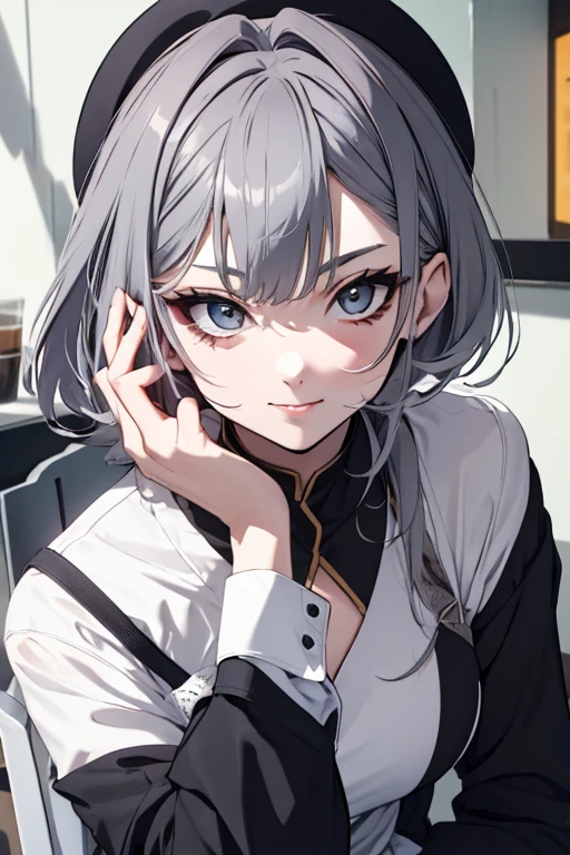 short hair,Uniform hair length,Hair color: Ash gray,The ends of my hair are curly,Cafeの女性店員,mode,Long sleeve,Black clothes,V-neck,Cool Beauty,Adult women,A slight smile on your lips,A mole under the left lip,Cafe,Arched thin eyebrows,1 female,Carrying a coffee pot,highest quality,Her bangs are angled to hide her forehead,One silver bracelet on the right wrist,coffee