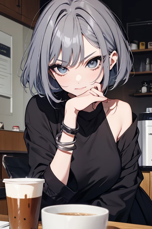 short hair,Uniform hair length,Hair color: Ash gray,The ends of my hair are curly,Cafeの女性店員,mode,Long sleeve,Black clothes,V-neck,Cool Beauty,Adult women,A slight smile on your lips,A mole under the left lip,Cafe,Arched thin eyebrows,1 female,Carrying a coffee pot,highest quality,Her bangs are angled to hide her forehead,One silver bracelet on the right wrist,coffee