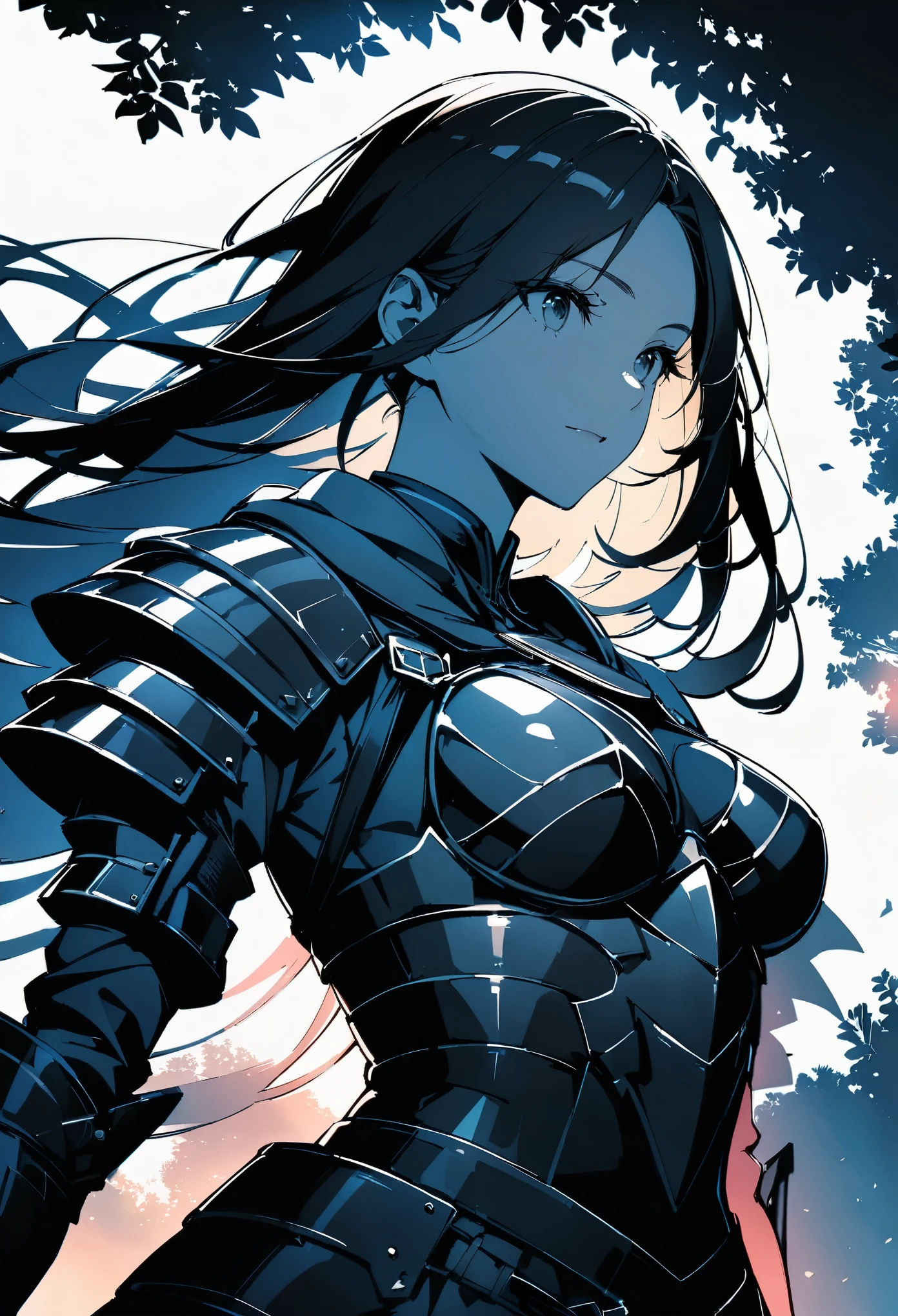 (Double Exposure:1.3) high quality, 8K Ultra HD, A beautiful Double Exposure₋Woman warriorのシルエット:1.2, Night forest as background, The details are built into the woman , ((Woman warrior, Coldly Shining Weapon, Shiny Armor)), Front view, Upper Body, Bust Shot, Sharp lines, The background is monochrome, Sharp focus, Double Exposure, Amazing full color,