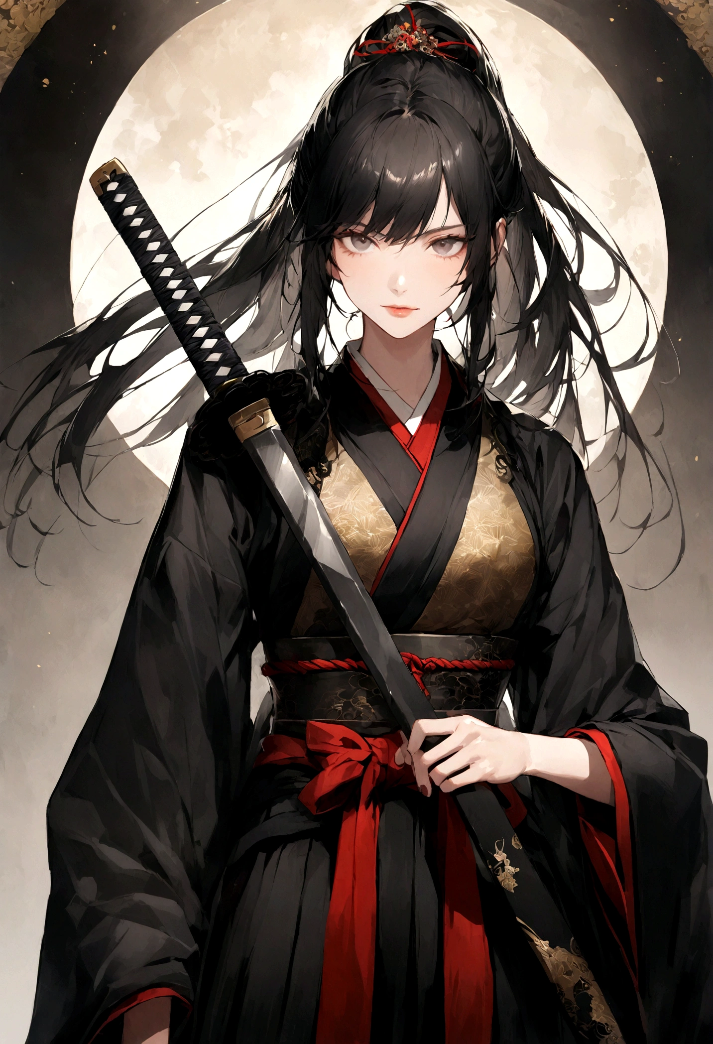 High-resolution, photographic portrait of a beautiful Japanese woman dressed as a skilled swordsman. She stands confidently with a traditional katana in hand, her elegant yet fierce demeanor captivating the viewer. Her attire consists of a traditional hakama and kimono, adorned with intricate patterns reflecting the artistry of Japanese culture. Her long, shiny black hair is gracefully tied up, allowing her sharp, focused eyes to stand out. The light gray background adds a subtle contrast, emphasizing her presence. The overall composition highlights her strength, grace, and beauty, capturing the essence of a legendary samurai warrior.