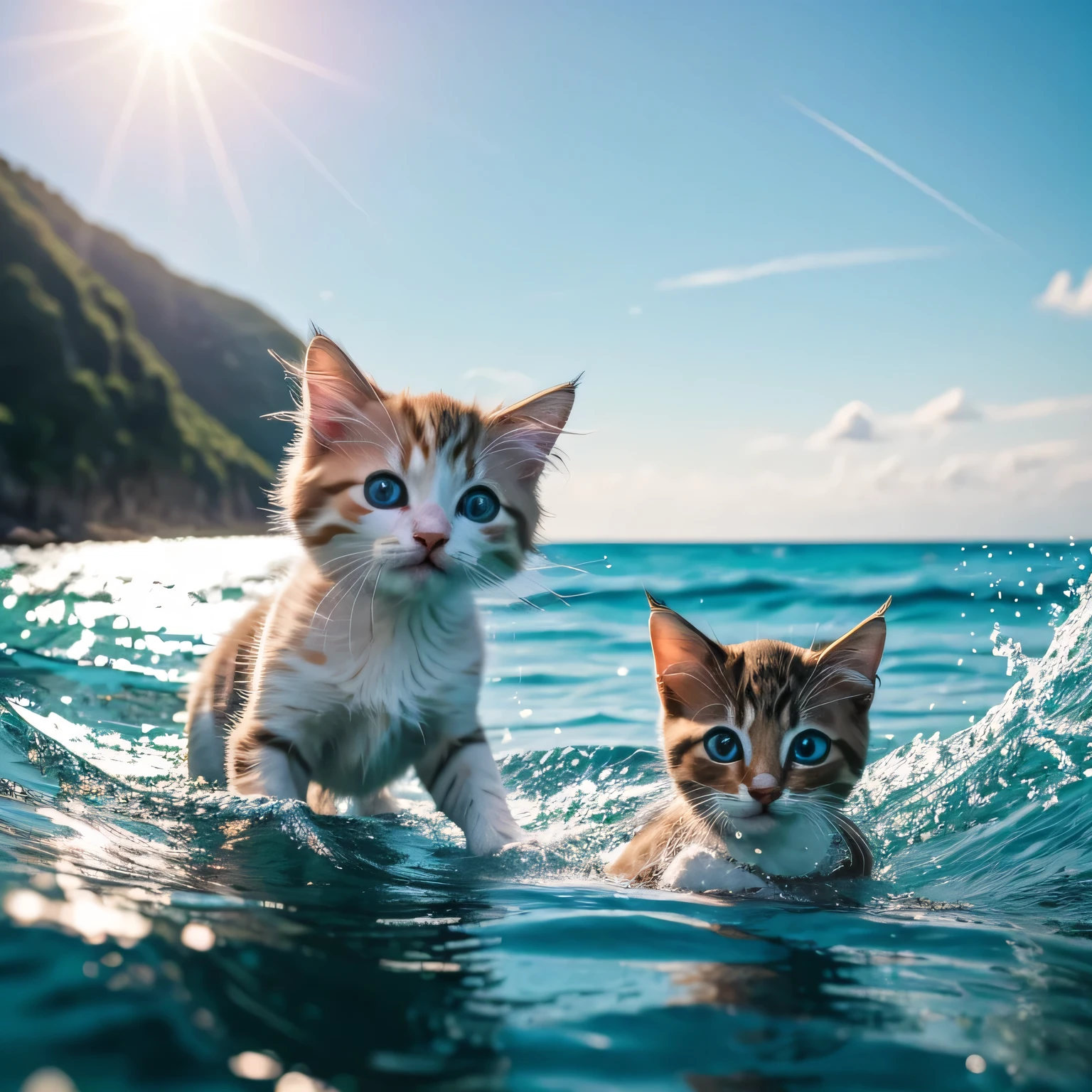 cute kitten, kitten playing in the sea, kitten's body in the water, happy kitten, detailed kitten face, expressive kitten eyes, soft kitten fur, gentle kitten expression, playful kitten, water splashing, sunlight on the water, blue ocean water, beautiful ocean landscape, serene atmosphere, pastel colors, soft lighting, detailed texture, award winning photography, 8k, high resolution, photorealistic, cinematic, masterpiece