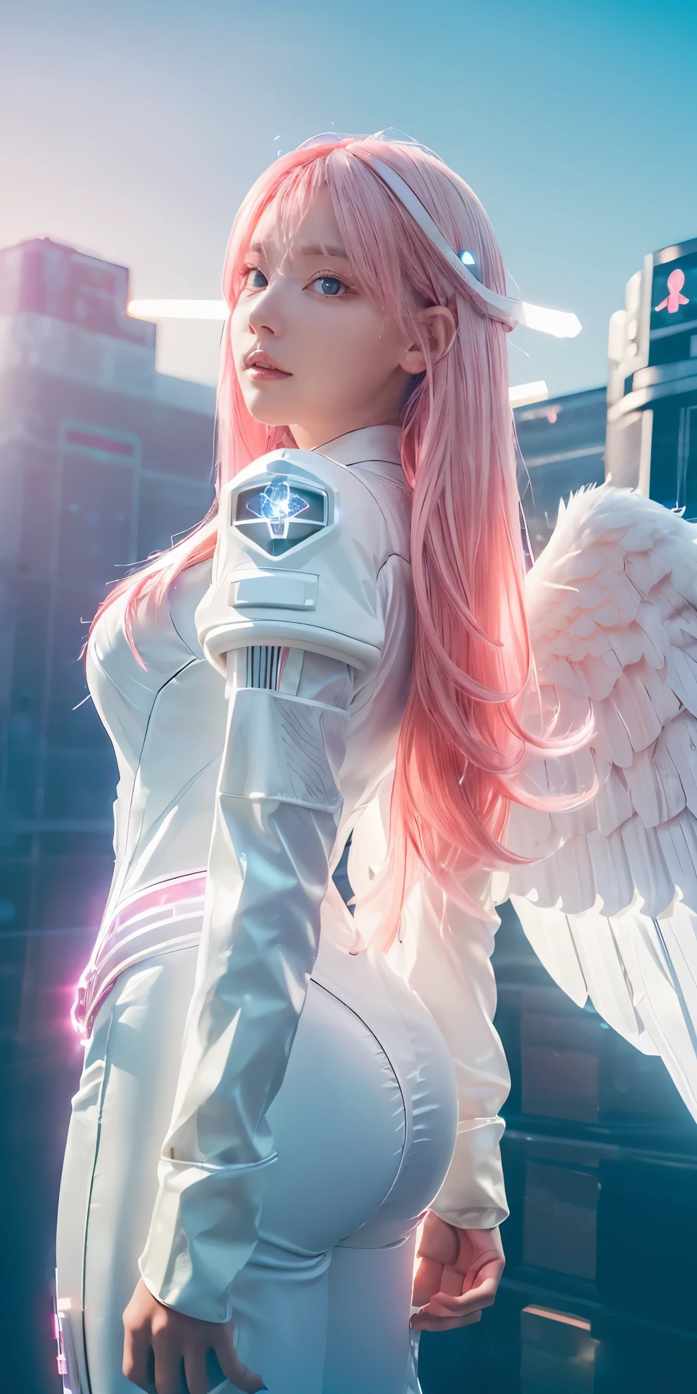 ((masterpiece, best quality, extremely detailed), volumetric lighting, ambient occlusion, colorful, glowing), 
1girl, solo, young girl, (pink hair), long hair, halo, aura, sacred, godness, cyber suit, (white outfit:1.3), android, bot, angel wings,
outdoors, sunset, sky, clouds, space, (cyberpunk theme:1.2),