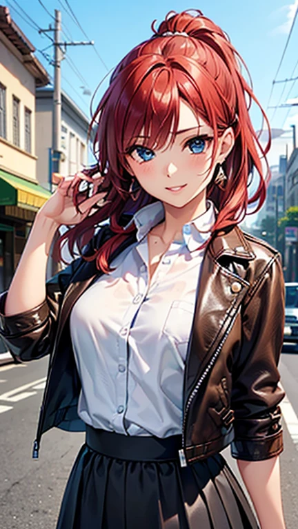A girl is posing for a photo,pretty girl,Enchanting girl,Anime Girls,
(((One Girl,Baby Face,16 years old))),
BREAK 

((Black maxi skirt, White shirt, Brown leather jacket:1.4))、silver earrings、Silver Necklace BREAK 

((Red hair)), ((ponytail、Wavy Hair、Hair blowing in the wind))
(Drooping eyes,blue eyes),(Small breasts),
BREAK 

(Beautiful Hair,Shiny Hair),
(Expression of fine eyes,Beautiful and delicate eyes,Sparkling eyes,Eye Reflexes),
(double eyelid,Long eyelashes),
(Beautiful Nose,Thin Nose),
(Glossy lips,Beautiful Lips,Thick lips),
(Symmetrical facial features,Perfect Face),(((Detailed skin,Oily skin,Textured skin,Beautiful Skin))),
BREAK 

(Wicked Smile),
((noon、bustling street:1.4、congestion、sunlight)),((Face up to the left、Avoid eye contact、Upper Body Shot)),
BREAK 

(((highest quality)),((masterpiece)),((Very detailed))),((High resolution),(8k),(16k,1080p),(Anime 2D Rendering)),(Anatomically correct),
((Realistic)), (The best CG),Highly detailed art,CG illustration,
