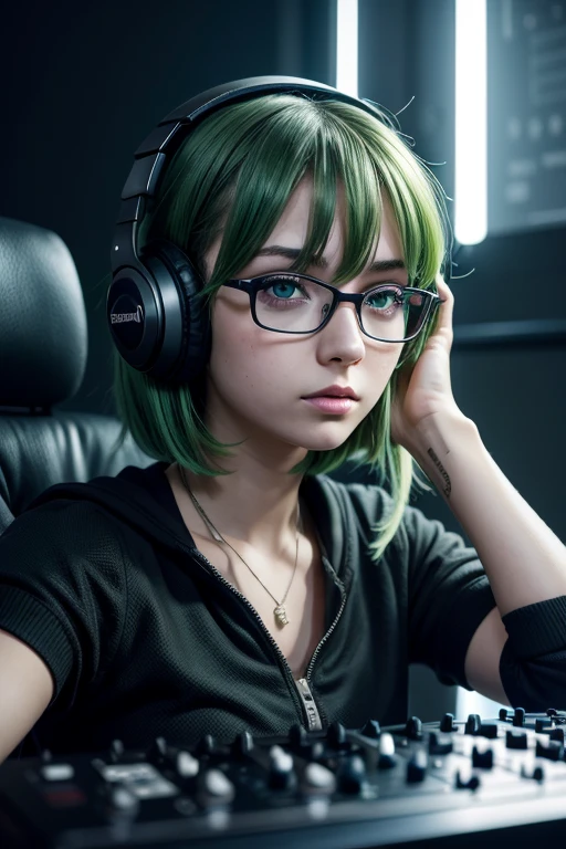 anime, девушка-DJ, DJ, DJ girl, headphones, delirium, (Highest image quality),masterpiece,Best quality,extremely detailed CG wallpaper, ultra_detailed,(cinematic lighting:1.1), (Cold face), green eyes, 1 Girl, One, dark green_hair, short_hair, masterpiece, Best quality, glasses
