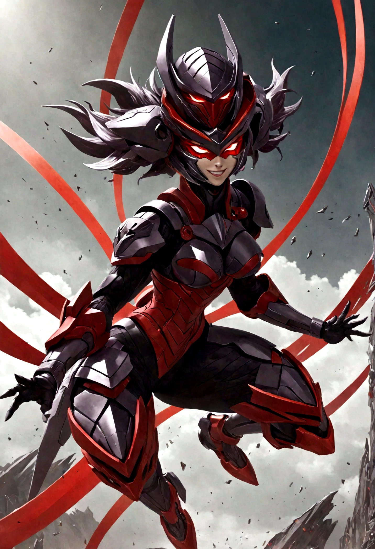 futuristic lady super villain in shredder masked gundam helmet, iconic ninja stance, red eyes, grin, jumping uhd, 8k, epicrealism,