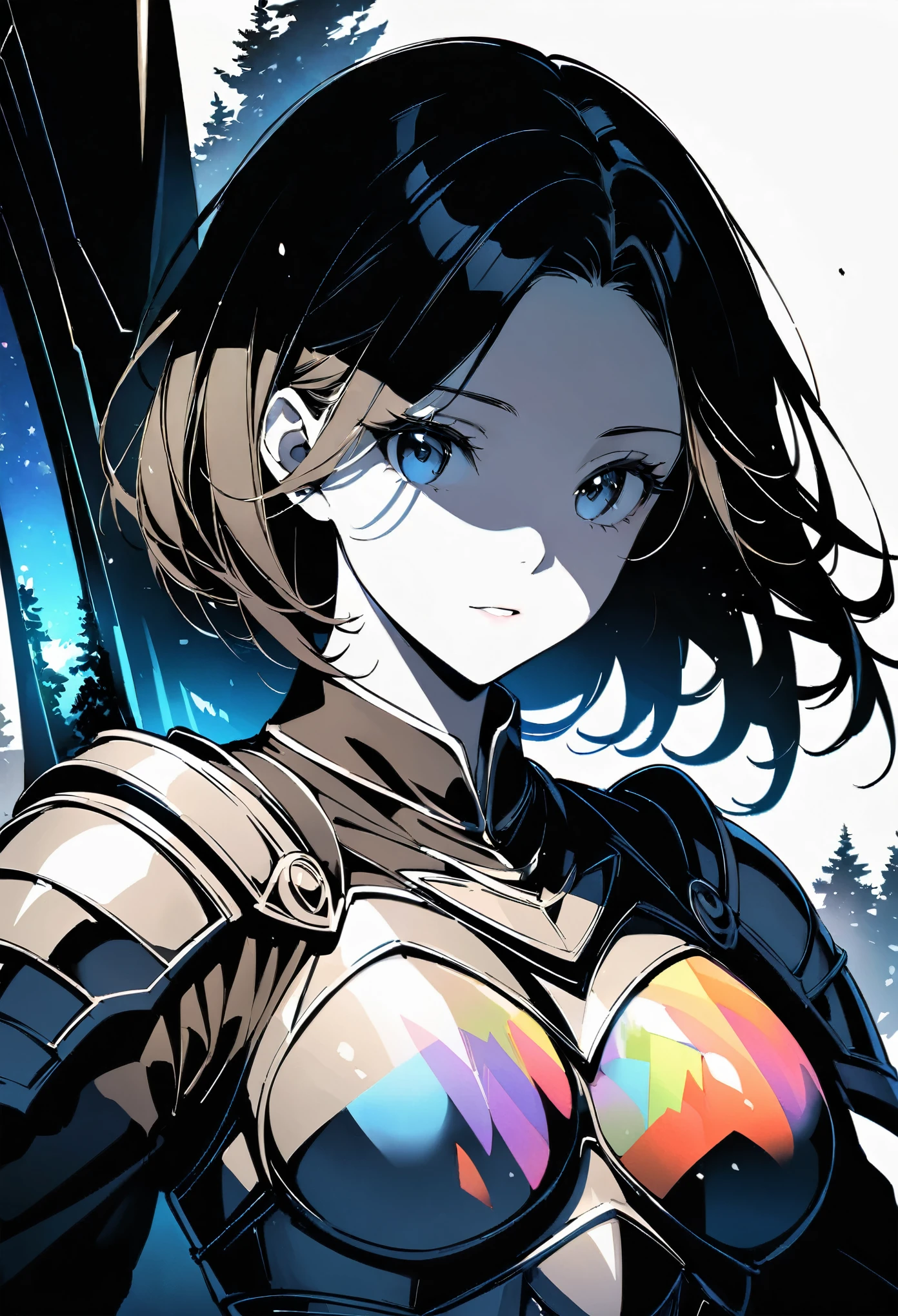 (Double Exposure:1.3) high quality, 8K Ultra HD, A beautiful Double Exposure₋Woman warriorのシルエット:1.2, Night forest as background, The details are built into the woman , ((Woman warrior, Coldly Shining Weapon, Shiny Armor)), Front view, Upper Body, Bust Shot, Sharp lines, The background is monochrome, Sharp focus, Double Exposure, Amazing full color,