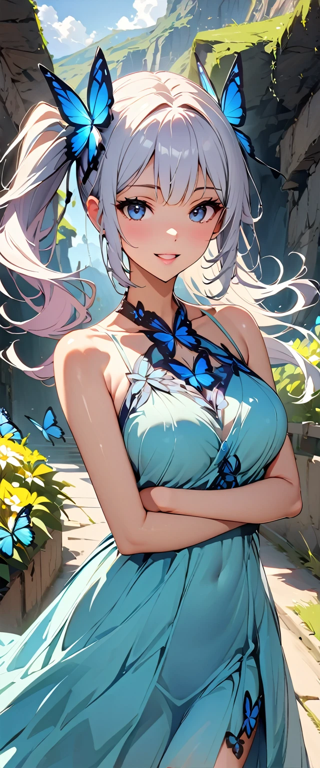 (highest quality:1.2, Very detailed, up to date, Vibrant, digital coloring, High Contrast, masterpiece:1.2, highest quality, Best aesthetics, Wind Spirit), 1 female, Silver Hair, Side Ponytail、(((Blue butterfly hair ornament, Blue Butterfly Dress:1.2))), (Many butterflies and flowers are flying:1.2, Fantasy Landscape:1.4), Bright lighting, Beautiful world, New World, Blown by the gentle wind, (hot視線, hot, Louis々Beautiful Lips, Shiny, Open your mouth, Sigh leaks out), Accurate, Textured skin, Cowboy Shot, Captivating smile, The beauty and danger of growing from a girl to an adult, A symbol of miraculous beauty.