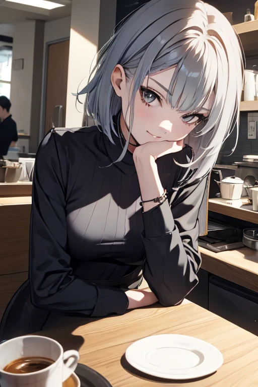 short hair,Uniform hair length,Hair color: Ash gray,The ends of my hair are curly,Cafeの女性店員,mode,Long sleeve,Black clothes,V-neck,Cool Beauty,Adult women,A slight smile on your lips,A mole under the left lip,Cafe,Arched thin eyebrows,1 female,Carrying a coffee pot,highest quality,Her bangs are angled to hide her forehead,One silver bracelet on the right wrist,coffee