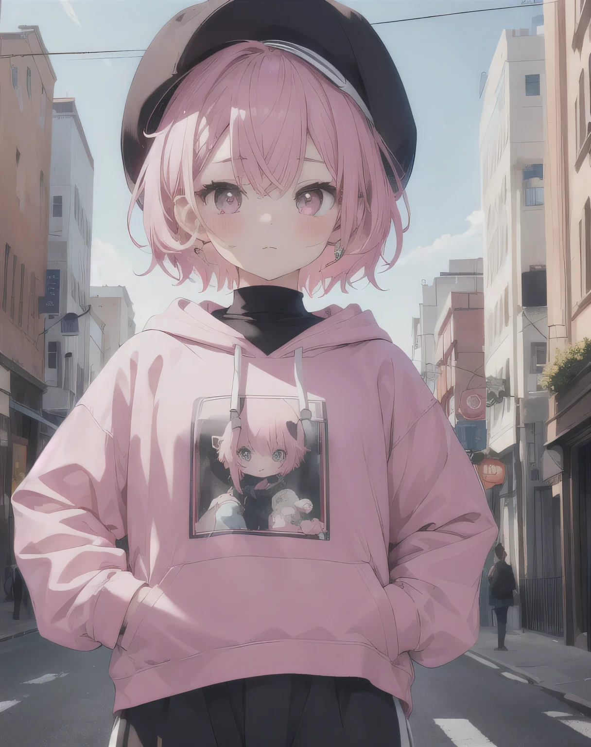 masterpiece,1 girl,alone,(((cutest girl ever)))、short hair,pink hair,Fashionable hoodies,mob cap, street,put your hands on your hips, put one'Hand in hand'pocket of,
