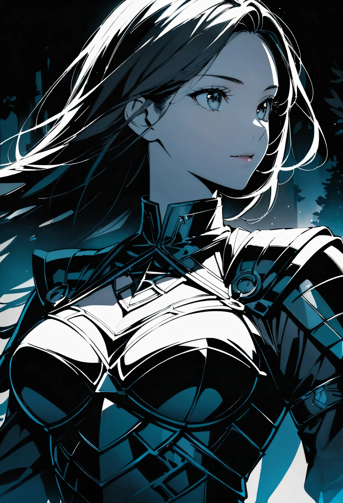 (Double Exposure:1.3) high quality, 8K Ultra HD, A beautiful Double Exposure₋Woman warriorのシルエット:1.2, Night forest as background, The details are built into the woman , ((Woman warrior, Coldly Shining Weapon, Shiny Armor)), Front view, Upper Body, Bust Shot, Sharp lines, The background is monochrome, Sharp focus, Double Exposure, Amazing full color,