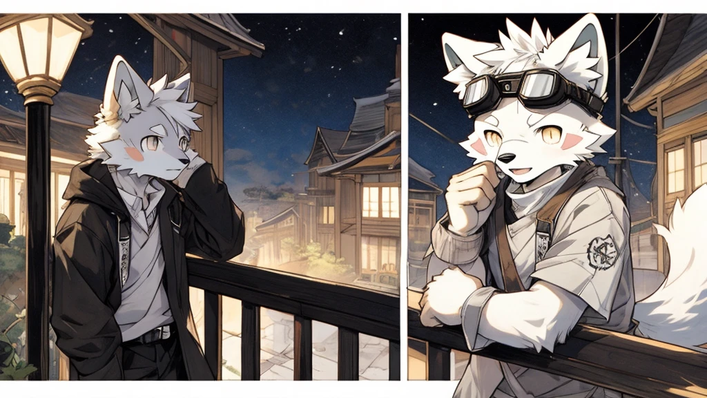 masterpiece,best quality,official art,extremely detailed CG unity 8k wallpaper,ultra-detailed,best illustration,best shadow,perfect lighting,single,solo,furry,perfect artwork, paid reward available, indoor, couple of comics(super cute boy, 1Arctic fox,wear square goggles, kemono, furry anthro)tumblr, sosaku hanga,, manga page, doujin, ddlc, anime, comedy comic, black and white manga panel, zerochan,single image charts,Leaning on the railing ,gazing into the distance,depressed ,at night，facial close-up