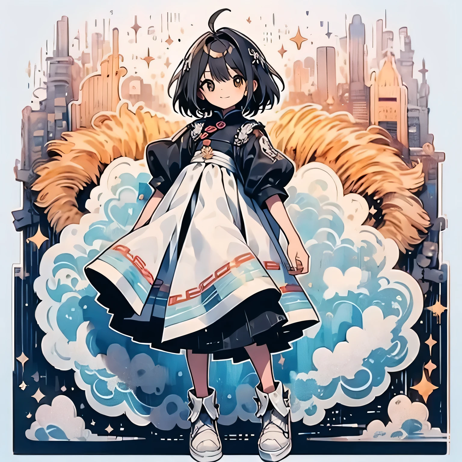 Knolling layout::2, cardcaptor sakura, Wearing a cheongsam with a blue and white porcelain pattern, Sky blue and white, high resolution