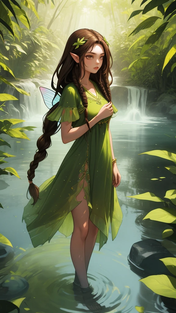 Create a mystic Fairy she had long brown hair in dreadlock style, wearing green leaf dress, she standing in water and in her Background are Fire 