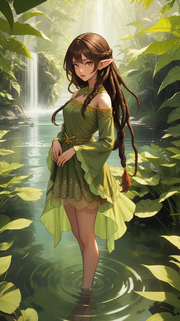 Create a mystic Fairy she had long brown hair in dreadlock style, wearing green leaf dress, she standing in water and in her Background are Fire 