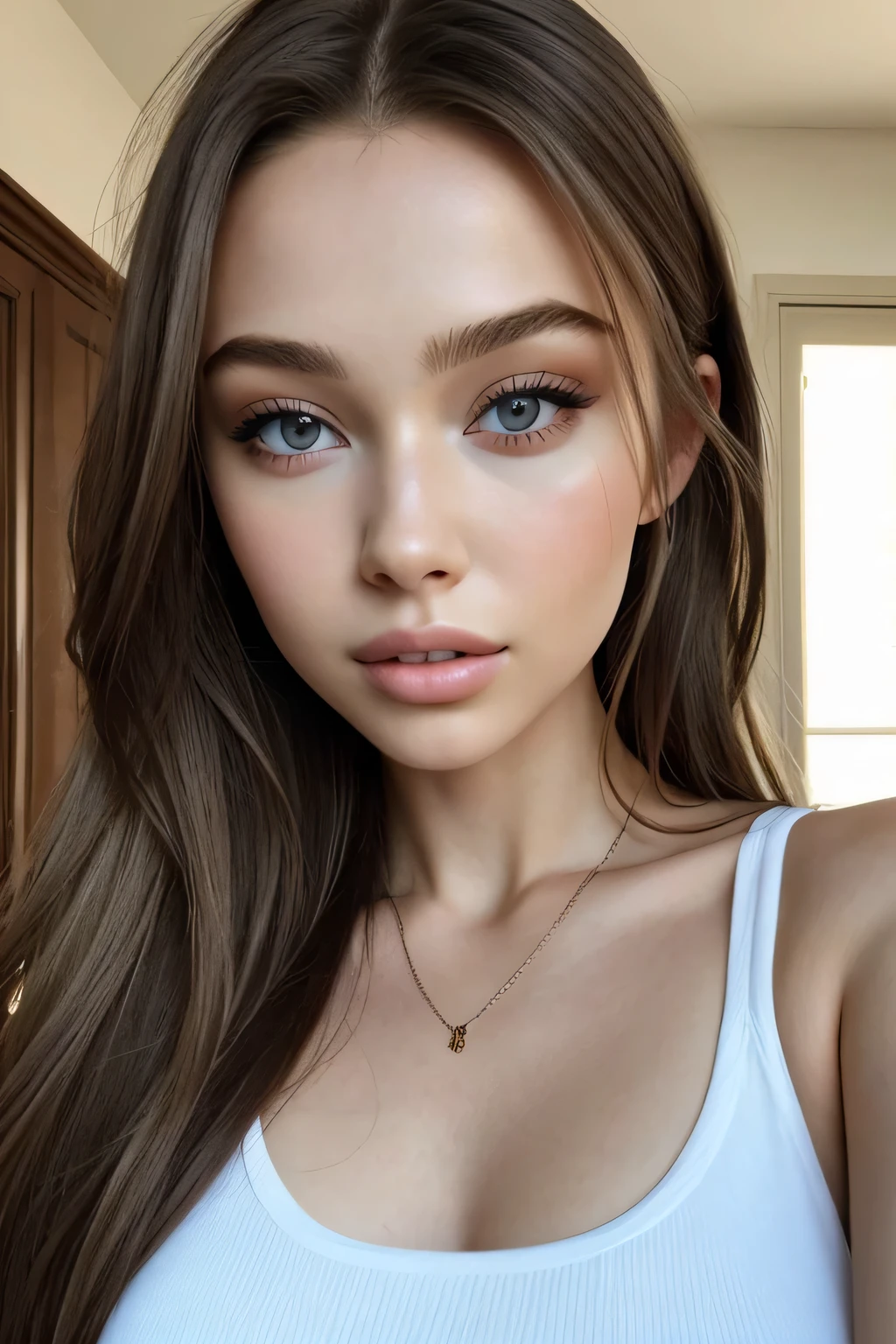 Woman completely ripped, Long cheveux noirs, Fille sexy aux yeux vert ne portant pas de  haut blanc et un pantalon bleu, ultra realistic, meticulously detailed, Portrait de Sophie Mudd et grands yeux, selfie d&#39;une jeune femme, yeux de la chambre, Violette Myers, sans maquillage, Maquillage naturel, regarder directement la caméra, comment con artgram, maquillage subtil, Superbe photo de tout le corps, modern and elegant clothing style