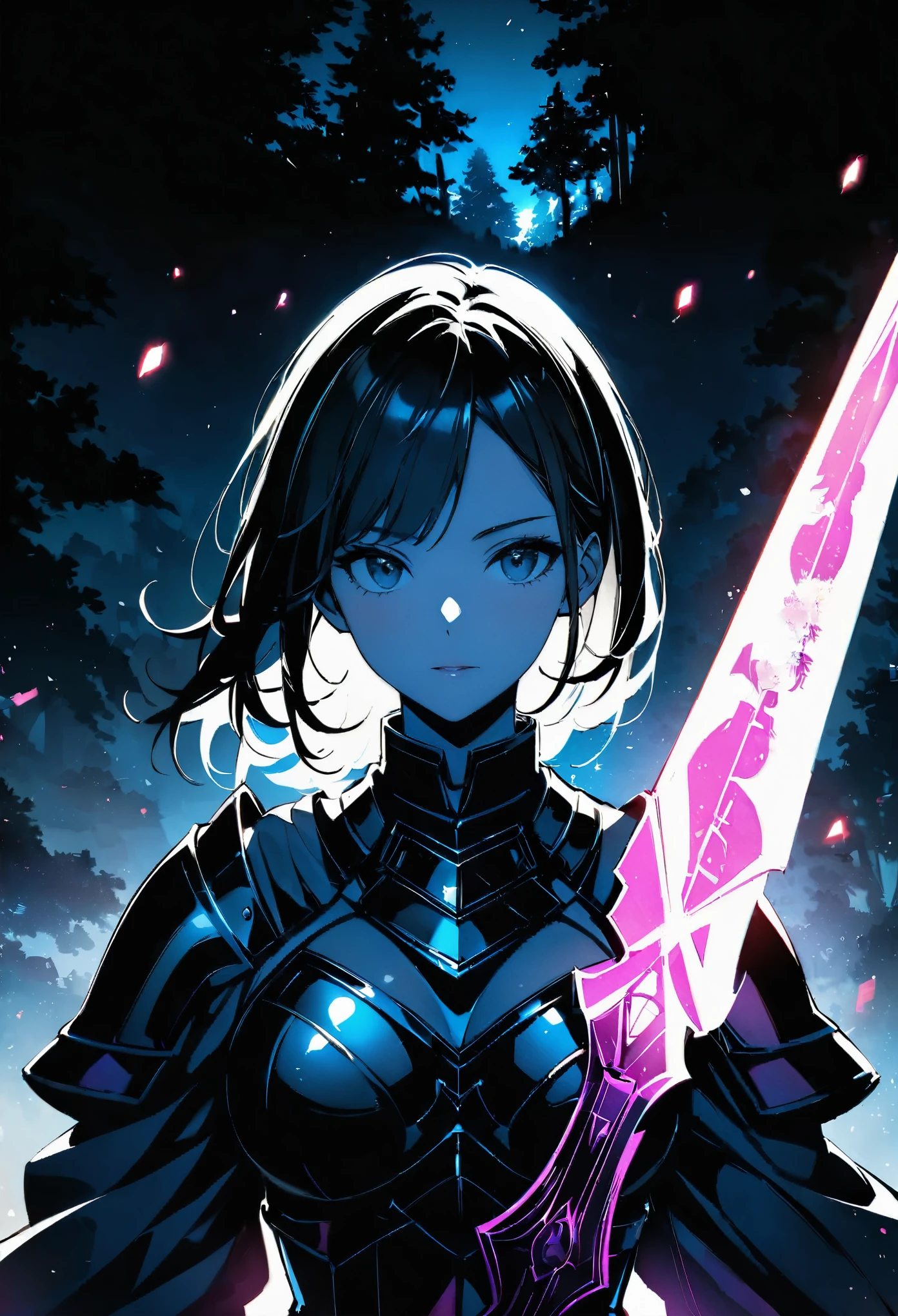 (Double Exposure:1.3) high quality, 8K Ultra HD, A beautiful Double Exposure₋Woman warriorのシルエット:1.2, Night forest as background, The details are built into the woman , ((Woman warrior, Coldly Shining Weapon, Shiny Armor)), Front view, Upper Body, Bust Shot, Sharp lines, The background is monochrome, Sharp focus, Double Exposure, Amazing full color,